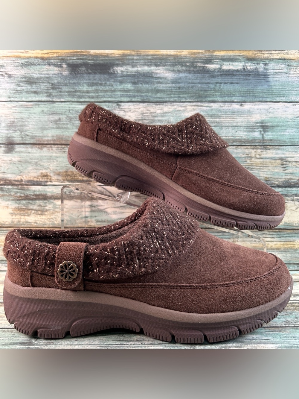 Skechers Easy Going Clogs Womens Size 9W Water Repellent Brown Suede Knit Collar